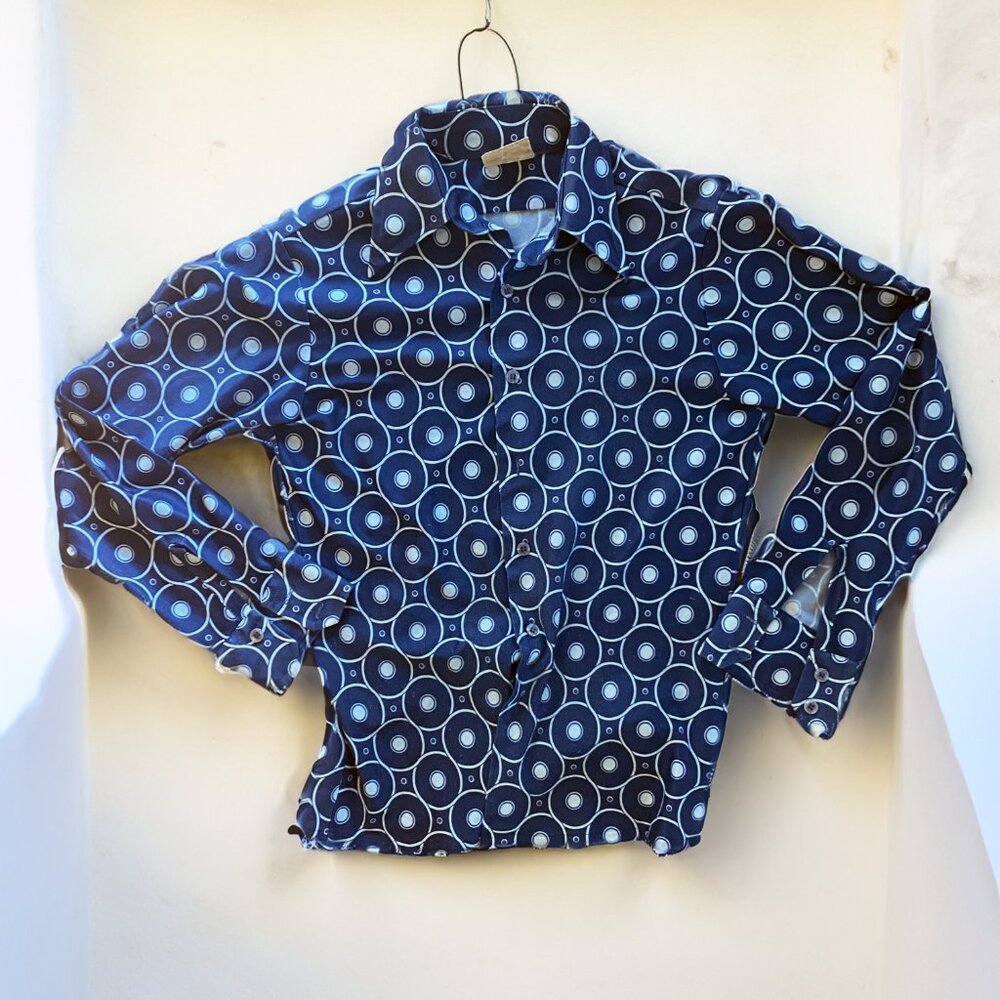 Men's Retro 70s Vintage Disco Blue White Long Sleeve Button Up Shirt Size Small - Picture 1 of 4